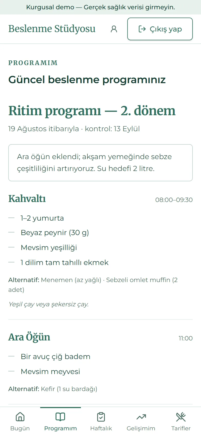 Portalın Programım ekranı: öğün saatleri, seçenekler ve diyetisyen notu